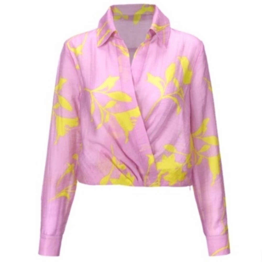 Cabi Shirt Womens Small Purple Pink Yellow Floral 6405 Drift Sheer Crop Top